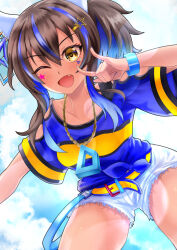 1girl ;d \m/ animal_ears arm_up belt blue_hair blue_nails blue_shirt blue_sky blush bracelet breasts brown_hair clothing_cutout cloud cloudy_sky commentary_request cowboy_shot daitaku_helios_(umamusume) day denim denim_shorts ear_covers ear_ornament facial_tattoo from_below hair_between_eyes hair_ornament hairclip highres horse_ears horse_girl horse_tail jewelry lens_flare long_hair looking_at_viewer medium_breasts multicolored_hair navel necklace one_eye_closed open_mouth outdoors shirt short_shorts short_sleeves shorts shoulder_cutout sidelocks sky smile solo standing streaked_hair sweat tail tattoo teaclaw tied_shirt two-tone_hair umamusume wristband yellow_belt yellow_eyes
