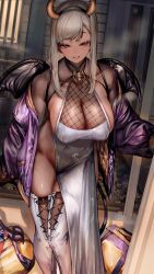 Rule 34 | 1girl, absurdres, bag, bare shoulders, barred window, black headband, black straps, black wings, boots, breasts, brooch, cleavage, clothing aside, collarbone, commentary request, cosplay, covered erect nipples, covered navel, demon tail, doorway, dress, dress aside, earrings, fake horns, fake wings, feet out of frame, groin, gyaru, halloween, headband, highres, horns, jacket, jewelry, large breasts, leaning forward, legs together, looking at viewer, navel, no bra, no panties, open door, original, parted lips, porch, pov doorway, purple jacket, raised eyebrows, see-through cleavage, see-through clothes, sideboob, skull brooch, sleeveless, smile, soleil (soleilmtfbwy03), solo, spiked ear piercing, steam, steaming body, sweat, tail, tan, teeth, thigh boots, thighs, white boots, white dress, white hair, wings, yellow brooch, yellow eyes