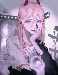 1girl aegyo_sal barbell_piercing black_jacket black_nails brown_eyes cat chain chain_necklace chainsaw_man closed_mouth commentary_request demon_horns ear_piercing earrings eyelashes fingernails hair_between_eyes hand_on_own_chin highres horns jacket jacket_partially_removed jewelry lips lipstick long_fingernails long_hair looking_at_viewer makeup mano_aaa nail_polish necklace piercing pink_hair power_(chainsaw_man) red_horns red_lips shirt short_sleeves solo t-shirt upper_body white_shirt zipper