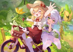 :d ^_^ ahoge alternate_costume aranara_(genshin_impact) bicycle bicycle_basket blonde_hair blurry casual closed_eyes commentary_request depth_of_field dodoco_(genshin_impact) genshin_impact gradient_hair green_eyes hair_between_eyes hat highres klee_(genshin_impact) long_hair looking_at_viewer low_twintails multicolored_hair nahida_(genshin_impact) no_shoes open_mouth outstretched_arms pantyhose pointy_ears riding riding_bicycle short_sleeves side_ponytail sidelocks smile soles spread_arms straw_hat stuffed_animal stuffed_toy symbol-shaped_pupils trait_connection tsubasa_tsubasa twintails white_hair white_pantyhose