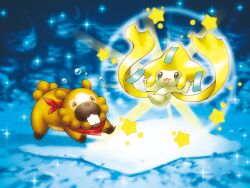 :3 absurdres artist_request bidoof buck_teeth closed_mouth clothed_pokemon floating flying_sweatdrops full_body gen_3_pokemon gen_4_pokemon glowing highres jirachi legendary_pokemon mythical_pokemon nintendo no_humans official_art open_mouth pokemon pokemon_(creature) pokemon_focus pokemon_mystery_dungeon pokemon_mystery_dungeon:_explorers_of_time/darkness/sky red_scarf scarf smile sparkle star_(symbol) surprised teeth third-party_source
