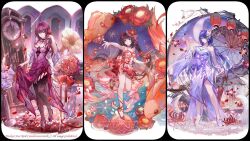 3girls acheron_(honkai:_star_rail) alternate_costume armpits bare_legs bare_shoulders bilingual_commentary black_hair breasts closed_mouth closed_umbrella commentary_request commission csyday detached_sleeves dress english_text fish flower food fruit full_body goldfish hair_between_eyes hair_flower hair_ornament hair_over_one_eye hand_in_own_hair hand_up highres holding holding_umbrella honkai:_star_rail honkai_(series) kafka_(honkai:_star_rail) lantern long_hair long_sleeves looking_at_viewer mask mask_on_head medium_breasts mixed-language_commentary multicolored_hair multiple_girls nail_polish oil-paper_umbrella paper_lantern parted_lips peach purple_dress purple_eyes purple_flower purple_hair purple_hands purple_nails red_eyes red_flower red_petals red_shoes shoes signature smile sparkle_(honkai:_star_rail) standing strapless strapless_dress streaked_hair sword twintails umbrella very_long_hair weapon white_background