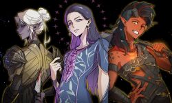 3girls arm_behind_back armor axe baldur&#039;s_gate baldur&#039;s_gate_3 black_background black_hair blue_dress colored_skin dark_elf dress dungeons_&amp;_dragons dungeons_&amp;_dragons earrings elf grin hair_bun hand_on_own_hip highres holding holding_axe holding_knife holding_weapon jewelry karlach knife looking_at_viewer looking_back medium_hair minthara multicolored_hair multiple_girls mystra_(baldur&#039;s_gate) one_eye_closed outline over_shoulder parted_lips pauldrons pointy_ears purple_eyes red_eyes red_skin short_hair shoulder_armor single_hair_bun smile streaked_hair tiefling two-tone_hair upper_body weapon weapon_over_shoulder white_hair yellow_eyes yellow_outline yy20251111