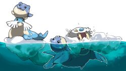 Rule 34 | :3, animal focus, blacknirrow, closed mouth, evolutionary line, fangs, gen 3 pokemon, highres, ice, nintendo, no humans, on head, open mouth, outline, partially submerged, pokemon, pokemon (creature), pokemon focus, pokemon on head, sealeo, simple background, smile, spheal, swimming, tusks, walrein, water, white background, white outline, yellow eyes