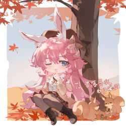 Rule 34 | 1girl, ;), animal ears, autumn leaves, bench, boots, border, bow, bowtie, brown bow, brown bowtie, brown jacket, brown pantyhose, brown skirt, casual, chibi, closed mouth, collared shirt, fox ears, full body, highres, honkai (series), honkai impact 3rd, jacket, lace-up boots, leaf, lixiang guo alice, long hair, maple leaf, one eye closed, outdoors, pantyhose, pink hair, plaid clothes, plaid skirt, shirt, skirt, smile, solo, squirrel, tree, white border, white shirt, yae sakura