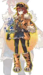 1girl arcanine black_gloves black_leggings blue_shorts boots colored_eyelashes fingerless_gloves full_body fur_collar game_freak gen_1_pokemon gloves goggles goggles_on_headwear grey_shirt hand_on_own_hip hat highres holding holding_poke_ball jacket leggings light_frown nintendo orange_boots orange_hat orange_jacket paw_shoes personification poke_ball pokemon red_eyes red_hair shirt shorts simple_background solo standing torn_clothes torn_shirt white_background wulie_errr