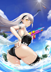 Rule 34 | 2girls, adjusting clothes, adjusting swimsuit, aiming, aiming at viewer, ak-alfa (girls&#039; frontline), arm strap, ass, asymmetrical bangs, bare legs, barefoot, bikini, black one-piece swimsuit, blue sky, blurry, breast curtains, breasts, cheeta (girls&#039; frontline 2), cloud, cloudy sky, commentary request, contrail, cowboy shot, day, depth of field, expressionless, floating hair, frilled one-piece swimsuit, frills, from behind, from below, girls&#039; frontline, girls&#039; frontline 2: exilium, hair behind ear, hair ornament, hand on own hip, highres, holding, holding water gun, jetpack, large breasts, lens flare, light particles, long hair, looking at viewer, medium hair, midair, motion blur, mp7 (girls&#039; frontline), multiple girls, official alternate costume, one-piece swimsuit, one side up, palm tree, parted lips, partial commentary, red bikini, red hair, rokuhachi68, see-through clothes, shiny clothes, shiny skin, shiny swimsuit, short sleeves, skindentation, sky, solo focus, straight hair, strapless, strapless one-piece swimsuit, sun, sunlight, swimsuit, swimsuit cover-up, thick thighs, thigh strap, thighs, tololo (celestial river at dusk) (girls&#039; frontline 2), tololo (girls&#039; frontline 2), tree, twisted torso, wading, water drop, water gun, waves, white hair, yellow eyes