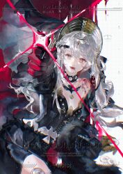 1girl black_dress blood breasts commentary_request dress gloves grey_hair highres holding holding_weapon long_hair looking_at_viewer original qian_shushushu red_eyes solo weapon white_hair