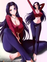 1girl absurdres black_hair breasts earrings highres jewelry large_breasts long_hair looking_at_viewer marvel marvel_rivals navel opalis pants psylocke psylocke_(vengeance) simple_background solo x-men