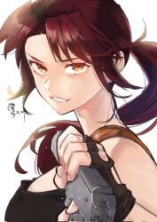 1girl black_lagoon brown_hair gun masumai_yawa revy_(black_lagoon) smile tagme weapon