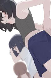 3girls black_hair black_shirt blue_shorts brown_eyes closed_mouth commentary cropped_shirt film_grain highres hiroki_(yyqw7151) multiple_girls original panties shirt short_hair shorts sleeveless sleeveless_shirt solo_focus underwear undressing white_panties