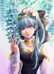 1girl \||/ bare_shoulders berry black_dress blue_flower blue_hair braid breasts breasts_apart chrysanthemum collarbone commentary_request crown_braid detached_sleeves dress flower flower_request food-themed_hair_ornament fruit_hair_ornament gold_trim grey_eyes hair_flower hair_ornament hand_up headwear_request highres jade_vine lips long_sleeves looking_at_viewer nishinomiya_sakuko original parted_lips partial_commentary pink_lips ponytail puffy_long_sleeves puffy_sleeves red_flower see-through_clothes see-through_sleeves smile solo strapless strapless_dress uneven_eyes white_flower
