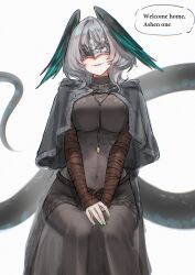 1girl absurdres arknights black_capelet black_dress black_skirt breasts capelet cosplay covered_eyes covered_navel dark_souls_(series) dark_souls_iii dress english_text eye_mask facing_viewer fangs feathered_wings fire_keeper fire_keeper_(cosplay) grey_hair head_wings highres ho&#039;olheyak_(arknights) jewelry long_tail mask medium_hair necklace parted_lips simple_background sitting skirt snake_tail solo speech_bubble tail uof white_background wings