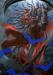1boy absurdres armlet bat_(animal) braid brown_hair camazotz_(fate) chest_tattoo dark-skinned_male dark_skin facial_tattoo fate/grand_order fate_(series) full-body_tattoo headpiece highres jewelry large_hands loincloth long_arms long_hair long_tongue looking_at_viewer male_focus maya_(culture) multiple_braids necklace open_mouth piercing ring scythe sharp_teeth smile snorc21 solo tattoo teeth tongue tongue_out tongue_piercing topless_male vambraces