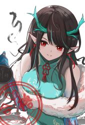 1girl arknights black_hair blue_hands breasts china_dress chinese_clothes dragon_girl dragon_horns dress dusk_(arknights) ear_ornament fur_trim green_horns highres holding horns kihana233 long_hair pointy_ears red_eyes smile solo striped_hair