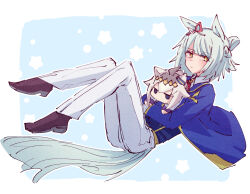 1girl alonemistrist animal_ears blue_jacket blush bow character_doll closed_mouth commentary doll ear_ribbon fujimasa_march_(umamusume) full_body green_hair horse_ears horse_girl horse_tail jacket oguri_cap_(umamusume) pants red_ribbon ribbon short_hair solo star_(symbol) symbol-only_commentary tail two-tone_ribbon umamusume umamusume:_cinderella_gray white_pants white_ribbon yellow_eyes