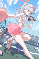 1girl absurdres alternate_costume alternate_hairstyle ball blue_archive blush braid demon_tail demon_wings haruna_(blue_archive) hat highres holding holding_ball holding_tennis_racket looking_at_viewer miniskirt pink_hat pink_shoes pink_skirt pleated_skirt pointy_ears ponytail red_eyes shoes short_sleeves shrug_(clothing) single_braid single_wing skirt solo sports_bra tail visor_cap white_hair white_shrug white_sports_bra wings winterflower