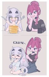 Rule 34 | 2girls, absurdres, baobhan sith (fate), black shirt, breasts, brushing another&#039;s hair, brushing hair, butter, closed eyes, cup, fate/grand order, fate (series), food, fork, grey eyes, highres, holding, holding fork, holding knife, knife, long hair, looking at food, lrl23wznet74220, melusine (fate), mug, multiple girls, open mouth, pancake, pancake stack, pink hair, pointy ears, seiza, sharp teeth, shirt, sitting, syrup, teeth, white hair, yellow eyes