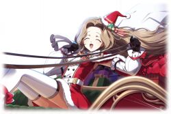 Rule 34 | 1girl, ^ ^, arm up, artist request, belt, blush, bow, bowtie, box, breasts, brown hair, buttons, capelet, chain, closed eyes, code geass, code geass: lost stories, double-breasted, dress, facing viewer, female focus, forehead, from side, fur-trimmed capelet, fur-trimmed dress, fur-trimmed headwear, fur trim, game cg, gift, gift box, hair intakes, hand up, happy, hat, hat bow, hat ornament, highres, holding, holding reins, holding sack, legs, legs together, light blush, long hair, non-web source, nunnally vi britannia, official art, open mouth, red bow, red bowtie, red capelet, red dress, red hat, red ribbon, reins, ribbon, riding, sack, santa hat, short dress, sidelocks, simple background, sleeveless, sleeveless dress, sleigh, small breasts, smile, solo, thighhighs, thighs, tilted headwear, transparent background, white thighhighs