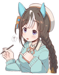 1girl ? animal_ears beret black_hair blue_sweater blush bow braid breasts commentary_request cropped_torso grey_hat hair_bow hat highres hokko_tarumae_(umamusume) holding holding_pen horse_ears long_sleeves looking_at_viewer low_twintails medium_breasts multicolored_hair pen puffy_long_sleeves puffy_sleeves purple_eyes rakugakiraid signature simple_background solo spoken_question_mark striped_bow sweater tongue tongue_out twin_braids twintails two-tone_hair umamusume upper_body white_background white_hair