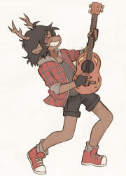 &gt;_&lt; 1girl animal_ears antlers black_hair black_nails december_holiday deer_antlers deer_ears deer_girl deltarune design_speculation fingerless_gloves flannel freckles furry furry_female gloves guitar highres holding holding_guitar holding_instrument hood hoodie horns instrument music playing_guitar playing_instrument reindeer_girl shirt shorts smile szivarvanyturmix02