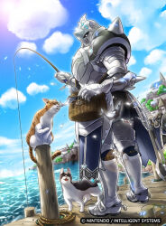Rule 34 | 1boy, armor, blue sky, cat, cloud, copyright notice, facing animal, fire emblem, fire emblem cipher, fish, fishing, fishing rod, helmet, male focus, mineri, nintendo, official art, pier, sky, valjean (fire emblem)