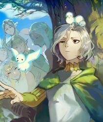 2boys 4girls against_tree animal animal_on_head bags_under_eyes bird bird_on_head black_eyes blue_sky cithis cloak dark-skinned_female dark_elf dark_skin dungeon_meshi elf fleki gorget green_cloak grey_hair hood hooded_cloak lazy_eye long_hair long_sleeves low_twintails lycion mithrun multiple_boys multiple_girls neruchiru_08 notched_ear on_head otta_(dungeon_meshi) outdoors pattadol pointy_ears shirt short_hair sketch sky smile tree twintails uneven_eyes unfinished