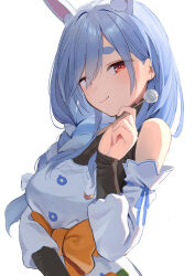 1girl absurdres animal_ear_fluff animal_ears black_bodysuit blue_hair blush bodysuit bow braid braided_ponytail breasts carrot_in_pocket commentary_request cotton_swab detached_sleeves dress extra_ears hair_bow hair_over_one_eye hand_up highres holding_cotton_swab hololive large_bow large_breasts long_hair looking_at_viewer mature_female mimikaki multicolored_hair orange_bow pekomama rabbit-shaped_pupils rabbit_ears rabbit_girl short_eyebrows shumpi simple_background smile solo streaked_hair symbol-shaped_pupils thick_eyebrows upper_body virtual_youtuber white_background white_dress white_hair