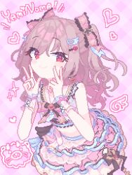 Rule 34 | 1girl, aya hawk, bow, checkered background, closed mouth, crop top, cropped shirt, double v, grey hair, hair bow, hair ornament, hairclip, hands up, idolmaster, idolmaster cinderella girls, kanzaki ranko, layered skirt, long hair, looking at viewer, midriff, multicolored shirt, multicolored skirt, pixel art, red eyes, sakamoto desu ga?, shirt, skirt, sleeveless, sleeveless shirt, smile, solo, sparkle, two side up, v