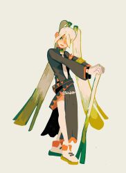 1girl armband belt black_belt boots closed_mouth commentary dress english_commentary expressionless fighting_miku_(project_voltage) food food-themed_hair_ornament full_body gloves gradient_hair green_armband green_eyes green_hair grey_background grey_dress hair_ornament hair_over_one_eye hatsune_miku head_tilt highres holding holding_food holding_vegetable kenz_(hisak00) light_blush lipstick long_dress long_hair long_sleeves looking_at_viewer makeup multicolored_hair necktie nintendo pantyhose pink_lips pokemon project_voltage side_slit simple_background solo spring_onion straight_hair torn_clothes torn_sleeves triangle_print twitter_username two-tone_hair vegetable very_long_hair vocaloid white_boots white_gloves white_hair white_necktie white_pantyhose