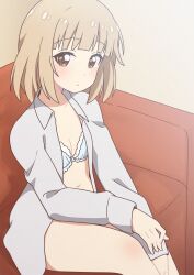 1girl absurdres blonde_hair blue_bra blush bottomless bra breasts brown_eyes collarbone couch frilled_bra frills highres indoors looking_at_viewer no_panties okaasan_(okaasandx) on_couch oomuro-ke oomuro_nadeshiko shirt short_hair sitting small_breasts solo underwear white_shirt yuru_yuri