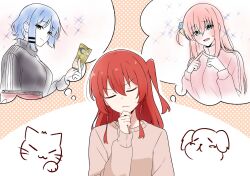 Rule 34 | 3girls, amogan, black jacket, blue hair, blush, bocchi the rock!, brown cardigan, cardigan, closed eyes, closed mouth, commentary request, cube hair ornament, frown, gotoh hitori, green eyes, hair between eyes, hair ornament, hand on own chin, hand up, hands up, highres, holding, holding money, imagining, index fingers together, jacket, kita ikuyo, long hair, long sleeves, looking at viewer, mole, mole under eye, money, multiple girls, one side up, open mouth, pink hair, pink jacket, red hair, short hair, sidelocks, smile, sparkle, speech bubble, sweatdrop, thinking, thought bubble, track jacket, turning head, twiddling fingers, upper body, yamada ryo, yellow eyes