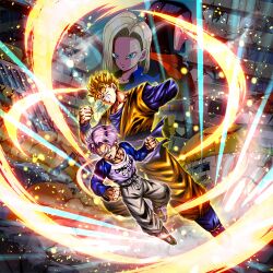 1girl 3boys android_17 android_18 aura black_hair blonde_hair blue_eyes dragon_ball dragon_ball_legends green_eyes multiple_boys muscular muscular_male official_art purple_hair serious son_gohan_(future) super_saiyan trunks_(dragon_ball) trunks_(future)_(dragon_ball)