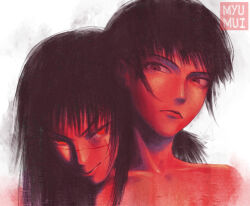 2girls artist_name black_hair chainsaw_man closed_mouth facial_scar grey_eyes highres long_hair mitaka_asa multiple_girls myumui red_eyes ringed_eyes scar scar_on_cheek scar_on_face scar_on_nose yoru_(chainsaw_man)