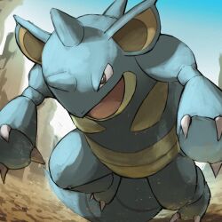 absurdres black_eyes bright_pupils charging_forward claws commentary_request day gen_1_pokemon highres nidoqueen nintendo no_humans open_mouth outdoors pokemon pokemon_(creature) sky solo spicyichizo white_pupils