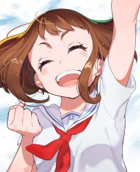 1girl arm_up boku_no_hero_academia brown_hair clenched_hand closed_eyes commentary_typo highres neckerchief open_mouth red_neckerchief sailor_collar shirt solo teeth upper_teeth_only uraraka_ochaco white_sailor_collar white_shirt yume_ngze3355