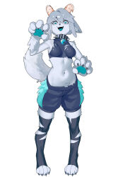 1girl :3 :d alternate_species animal_collar animal_ear_fluff animal_ears animal_feet animal_hands animal_nose arm_up armpits bare_shoulders bell belt belt_buckle belt_collar black_belt black_collar black_thighhighs blue_eyeliner blue_eyes blue_shirt blue_shorts blue_tongue body_fur braid breasts breasts_apart brown_horns buckle claw_pose claws collar colored_tongue commentary crop_top cropped_shirt cross-shaped_pupils crown_braid curled_fingers curled_horns digitigrade double-parted_bangs ears_down english_commentary eyebrows_hidden_by_hair eyeliner fake_claws fangs full_body fur-trimmed_shorts fur_trim furrification furry gloves grey_hair grin hair_between_eyes hair_flaps half-closed_eyes halloween halloween_costume hand_up highres horns invisible_floor karassawa knees legs_apart long_eyelashes long_sidelocks looking_at_viewer makeup medium_breasts midriff multicolored_eyes narrowed_eyes navel neck_bell no_shoes open_mouth original paw_gloves pawpads pigeon-toed pink_eyes sheep_ears sheep_girl sheep_horns shirt short_hair shorts sidelocks simple_background single_hair_intake sleeveless sleeveless_shirt smile smirk solo spiked_collar spikes standing stomach straight-on symbol-shaped_pupils tail tail_raised thick_eyebrows thick_eyelashes thighhighs thighs tight_top toe_claws toeless_legwear torn_clothes torn_shirt torn_thighhighs turtleneck turtleneck_shirt two-tone_eyes two-tone_shorts v-shaped_eyebrows white_background white_fur white_tail wide_hips wolf_girl wolf_paws wolf_tail