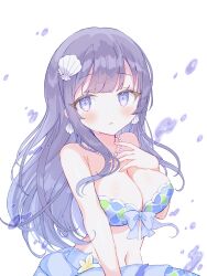 1girl absurdres air_bubble bare_arms bare_shoulders bikini bikini_top_only blush bow breasts bubble cleavage collarbone flower hair_flower hair_ornament highres hirame_(hi03ra) jewelry long_hair looking_at_viewer medium_breasts misumi_aoi navel ongeki parted_lips purple_eyes purple_hair solo strapless striped_background striped_bikini striped_clothes swimsuit underwater vertical-striped_bikini vertical-striped_clothes very_long_hair water water_drop white_background white_flower