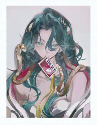 1girl absurdres artist_name bare_shoulders blue_hair border dress green_eyes grey_background hair_between_eyes highres hissabeth holding_id_card huzhi id_card jacket long_hair looking_at_viewer mouth_hold red_pupils reverse:1999 silver_dress sleeveless sleeveless_dress slit_pupils snake snake_on_head solo spaghetti_strap upper_body wavy_hair white_border white_jacket