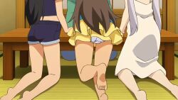 1boy 3girls accidental_exposure adachi_tenka age_difference animated anime_screenshot ass black_hair blue_eyes breast_sucking breasts brown_eyes brown_hair dress hair_ornament hand_fan komako_semenovich licking_nipple loli multiple_girls nipple_stimulation nipples sayama_chie shirt shorts shoujo_ramune sitting sitting_on_lap sitting_on_person skirt small_breasts sound subtitled tagme tank_top teasing toy video white_hair