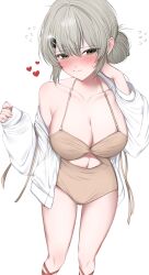 1girl bada_(ddcn8375) bare_shoulders breasts cleavage closed_mouth clothing_cutout collarbone embarrassed green_eyes grey_hair hair_bun halterneck highres jacket large_breasts long_sleeves looking_at_viewer navel navel_cutout off_shoulder one-piece_swimsuit open_clothes open_jacket simple_background solo spaghetti_strap swimsuit viichan virtual_youtuber waktaverse white_background white_jacket yellow_one-piece_swimsuit