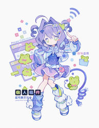 Rule 34 | ..., 1girl, ahoge, belt, blue leg warmers, blue shirt, cable, cable tail, chinese commentary, chinese text, closed mouth, commentary request, commission, english text, film grain, frog, full body, green eyes, grey jacket, hair between eyes, hair intakes, hair ornament, hairband, hand on own hip, highres, index finger raised, jacket, leg warmers, long hair, md5 mismatch, mechanical tail, miniskirt, mirta, original, partially unzipped, pink skirt, pleated skirt, purple hair, resolution mismatch, shirt, shoes, skirt, solo, star (symbol), star hair ornament, tail, tareme, thigh strap, two side up, watermark, white background, white belt, white hairband, white leg warmers, white shoes, wi-fi symbol, window (computing), zipper, zipper pull tab