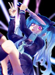 1girl amemiya_darumi black_background black_hair black_skirt blood bloody_tears blue_hair eyelashes face_piercing female_focus highres holding holding_knife holding_weapon knife last_defense_academy_school_uniform lip_piercing looking_at_viewer multicolored_hair piercing pink_eyes pleated_skirt simple_background skirt solo solo_focus the_hundred_line_-last_defense_academy- thighs tongue tongue_out twintails v weapon