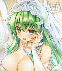 1girl alternate_costume blush breasts bridal_gauntlets bridal_veil cleavage collarbone dot_nose dress frog_hair_ornament green_eyes green_hair hair_ornament hair_tubes hand_on_own_face huge_breasts indoors jewelry kochiya_sanae long_hair long_sleeves looking_at_viewer lower_teeth_only necklace nekofish666 open_mouth pearl_necklace ring single_hair_tube single_sidelock snake_hair_ornament solo teeth tiara touhou traditional_media upper_body veil watermark wedding_dress wedding_ring white_dress