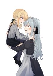 2girls absurdres aged_down apron bang_dream! bang_dream!_it&#039;s_mygo!!!!! black_dress black_shoes black_shorts black_socks blonde_hair blush commentary_request dress grey_shirt highres juliet_sleeves kaeru_(kaeee41917105) long_hair long_sleeves maid maid_apron maid_headdress misumi_uika multicolored_hair multiple_girls open_mouth ponytail puffy_sleeves purple_eyes shirt shoes shorts simple_background smile socks suspender_shorts suspenders togawa_sakiko two-tone_hair white_apron white_background white_headdress yellow_eyes