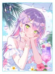 1girl bare_shoulders blue_sky blush breasts cleavage closed_mouth cloud cloudy_sky collarbone commentary cup day flower green_eyes hands_on_own_cheeks hands_on_own_face hibiscus highres hololive large_breasts long_hair looking_at_viewer multicolored_hair outdoors palm_tree parasol pink_flower pink_hair purple_hair sky smile solo tokoyami_towa tree two-tone_hair umbrella virtual_youtuber yuzuriha_(nx_e78)
