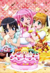 Rule 34 | 10s, 3girls, :d, :p, :q, ;d, absurdres, animal ears, apron, artist request, black hair, blue eyes, cake, cupcake, dog days, dog ears, dog girl, earrings, feeding, food, green eyes, hair ornament, hair ribbon, hairclip, highres, holding, holding pastry bag, jewelry, millhiore f. biscotti, multiple girls, non-web source, nyantype, official art, one eye closed, open mouth, pastry bag, pink hair, purple eyes, rebecca anderson, ribbon, smile, sweets, takatsuki nanami, tongue, tongue out, twintails