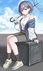 1girl absurdres bang_dream! bang_dream!_it&#039;s_mygo!!!!! bare_shoulders belt black_hair earrings full_body grey_shorts highres holding holding_umbrella jacket jewelry looking_at_viewer red_eyes short_hair shorts sitting smile solo takamatsu_tomori transparent transparent_umbrella umbrella yellow_belt yitai_zhi_meng