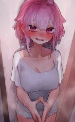 1girl absurdres blush breasts commentary commission cowboy_shot ekrea_jan highres large_breasts looking_at_viewer nose_blush open_mouth original pink_eyes pink_hair shirt skeb_commission slime_hair solo steepled_fingers white_shirt
