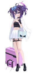 Rule 34 | 1girl, 82jhin, absurdres, ahoge, alternate costume, alternate hairstyle, black boots, black choker, black shirt, blue archive, blue bag, blue bow, blush, boots, bow, breasts, choker, coat, coat on shoulders, collarbone, commentary, cropped shirt, double bun, full body, hair between eyes, hair bow, hair bun, hair ornament, halo, haruka (blue archive), heart, heart choker, highres, jacket, looking at viewer, midriff, navel, open clothes, open coat, open mouth, pleated skirt, purple eyes, purple hair, purple halo, purple pupils, rolling suitcase, shirt, short hair, short sleeves, simple background, skirt, small breasts, smile, solo, standing, steepled fingers, suitcase, white background, white jacket, white skirt, wristband, x hair ornament